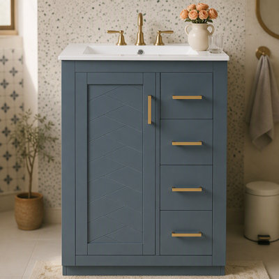Meuble-lavabo 24 po avec lavabo intégré en céramique, meuble-lavabo à 1 porte, 3 tiroirs et meuble-lavabo simple pour petite et moyenne salle de bain Door Porte de gauche）