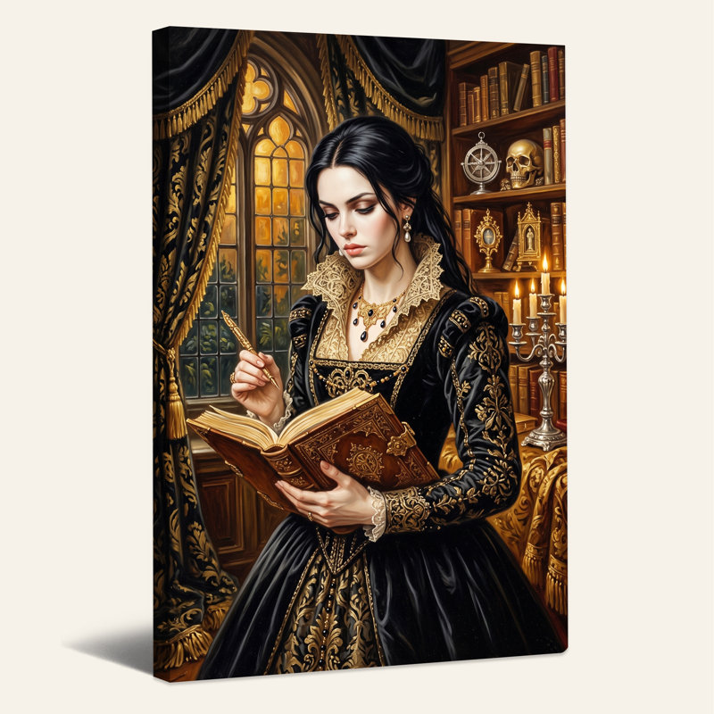 Dame en noir et or, robe historique, lecture d'Halloween, art mural sur toile, H 18 po x l 12 po