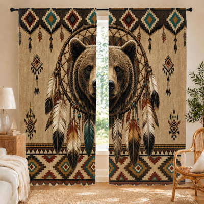2Pcs Bear Dreamcatcher Curtains, light filtering fabric, vintage ethnic tribal pattern with feathers, sunshade and privacy protection, rod-pocket design for living room, bedroom, balcony, kitchen home decor