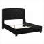 Grand cadre de lit tapissier pour chambre à coucher, bois noir classique et tissu avec capitonnage à boutons et garniture cloutée
