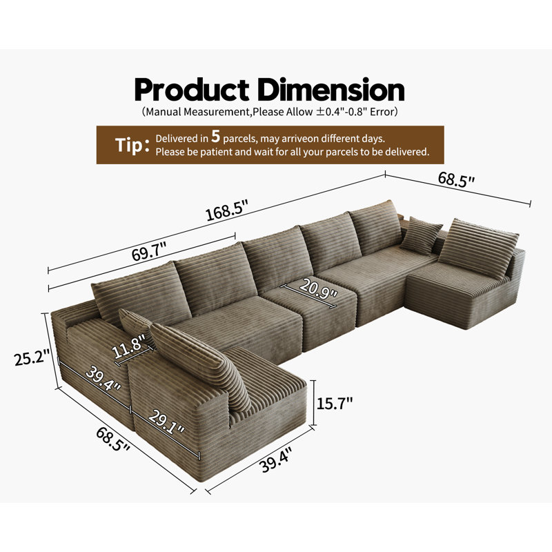 168.5" Modular Sectional Sofa, Oversized U-Shaped Minimalist Couches with 3 Middle Seats  Chaise, Modern Deep Seat Convertible Sleeper Sofa, Cloud Plush Corduroy Fabric,7 Seater