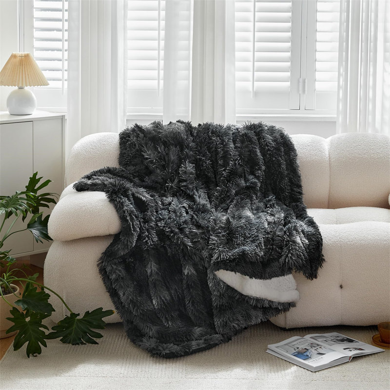 Sherpa Faux Fur Blanket,220cm, Black