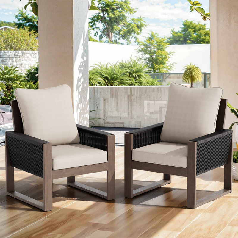 Chaises en bois et osier avec coussins, Beige