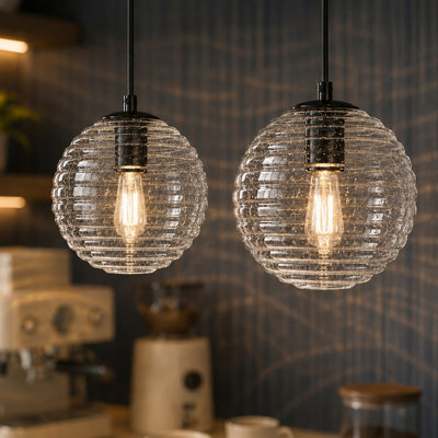 1-Light Dimmable Modern Pendant with Ribbed Glass Globe for Dining Room (Set of 2)