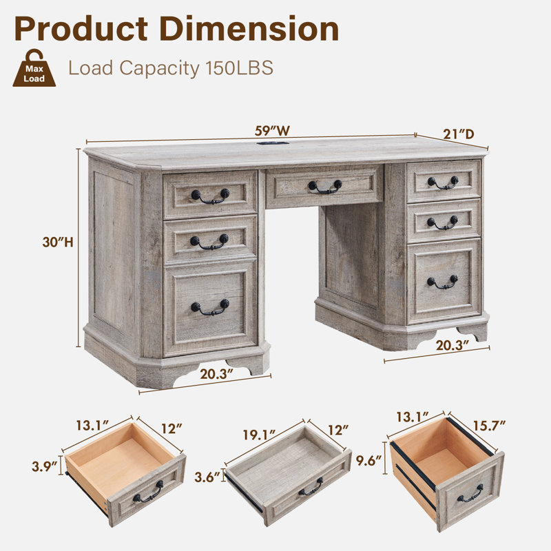 59” Executive Office Desk With Storage,Wood Home Office Computer Desk With Charging Station,File Drawers And Storage Cabinet