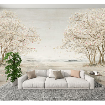 Peel and Stick Wallpaper Minimal Japanese Ink Wash Cherry Blossom Home Decor Wall Murals 100"H x 144"W Removable PVC Wall Paper Self-Adhesive Wall Decor for Bedroom Living Room Home Office