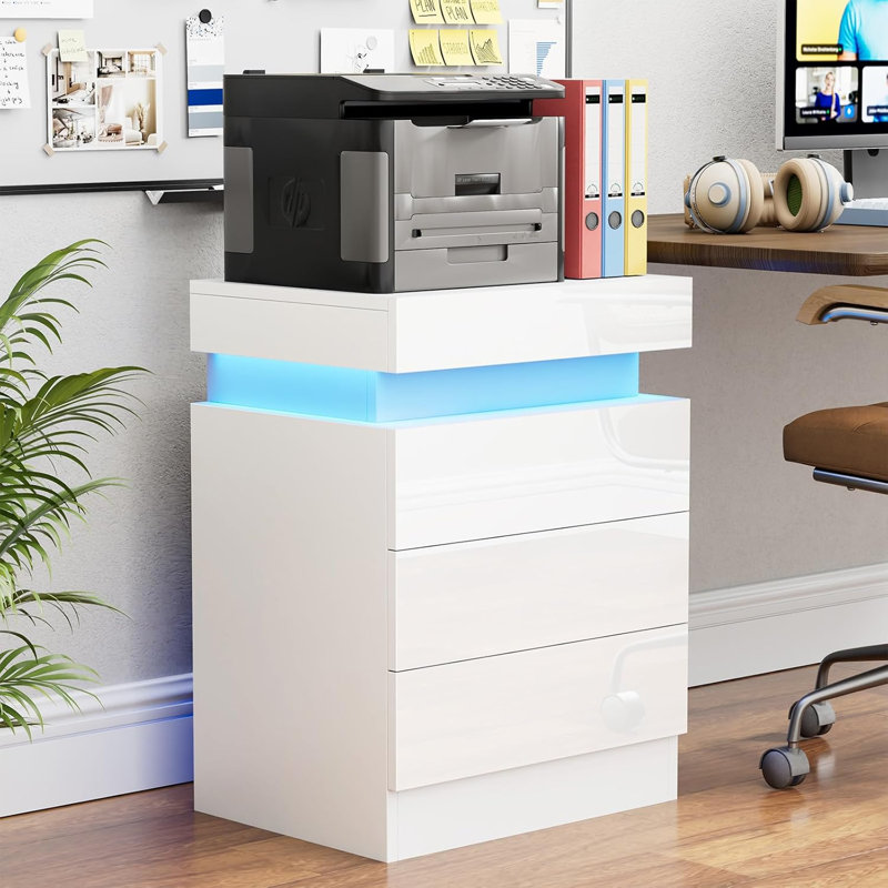 Bedside Cabinet with 3 Drawers, White Bedside Table with Bluetooth RGB LED Light Strip & UK Charging Station 2AC/2USB, Wooden Storage Side Cabinet for Bedroom Living Room Corner, UK Plug