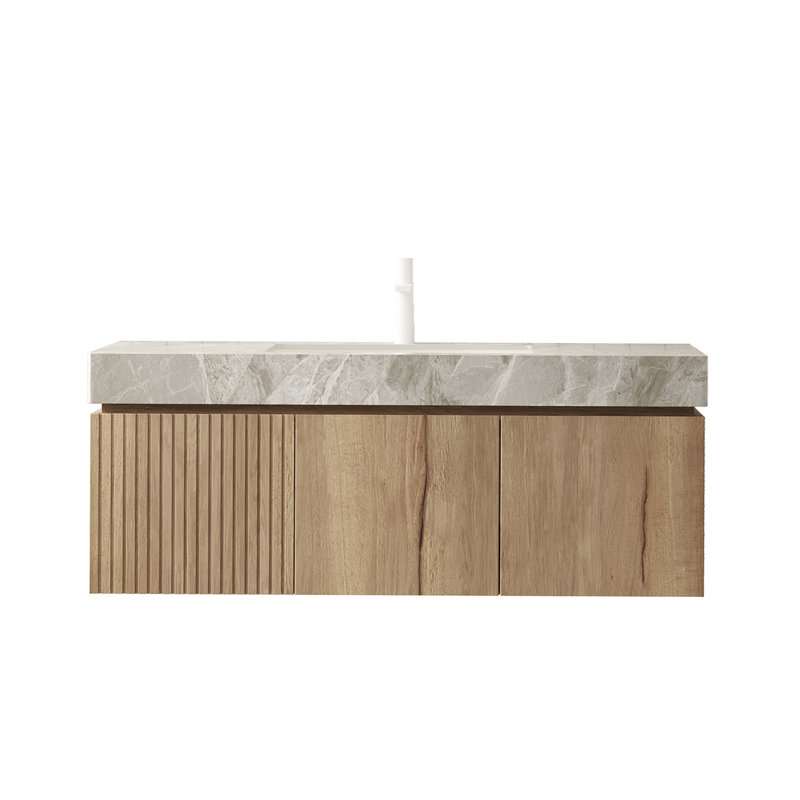 48" Bathroom Vanity with Sink, Floating Plywood Bathroom Storage Cabinet with Drawer and 2 Doors, Light Grey Sintered Stone Countertop with Basin, Pre-assembled,  White Oak Woodgrain Colour