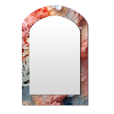Pink And White Coastal Coral Collage IV - Corals Arch Decorative Mirror, Cream Asymmetrical Wall Mirror, Printed Metal Art