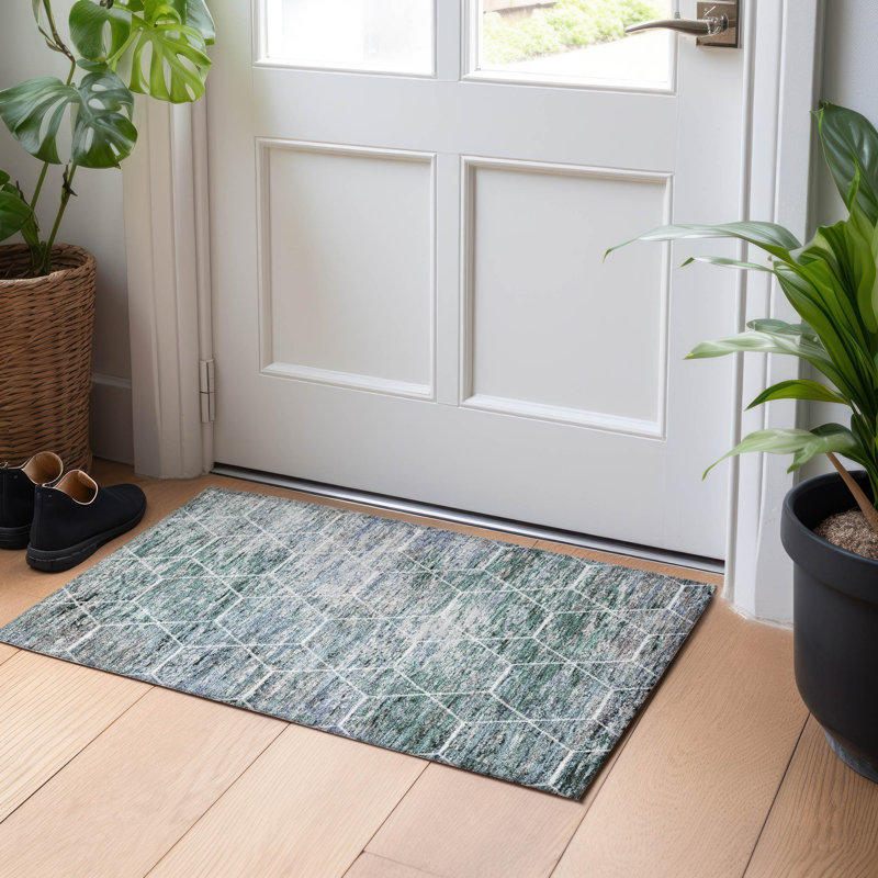 Tapis bleu sarcelle lavable à la machine intérieur / extérieur Xhevrie, Rectangle 1 pi 8 po x 2 pi 6 po
