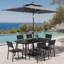 Ensemble repas pour 6 personnes en aluminium avec chaises empilables, parasol solaire à DEL et base lestée-1711038848-1783706847