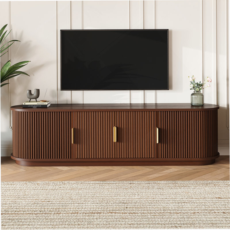 Wooden TV Stand With Sliding Tambour Door For Tvs Up To 75", Walnut