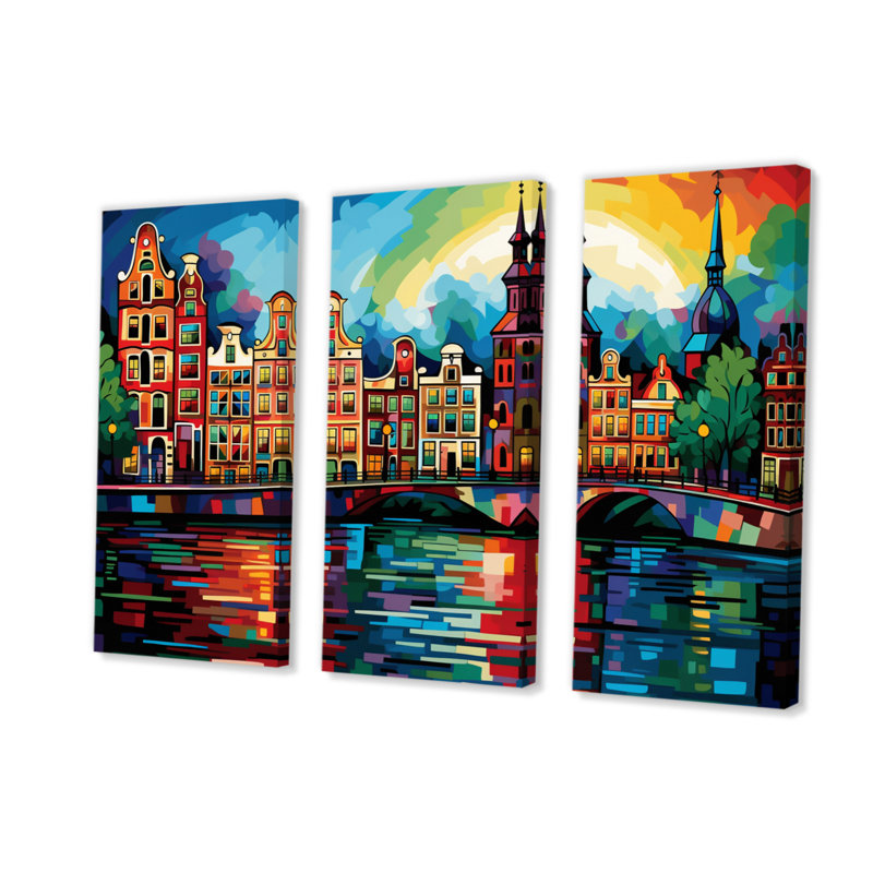 Ensemble d'art urbain sur toile Cityscape Amsterdam Popart - Amsterdam II, H 28 po x l 36 po x P 1 po
