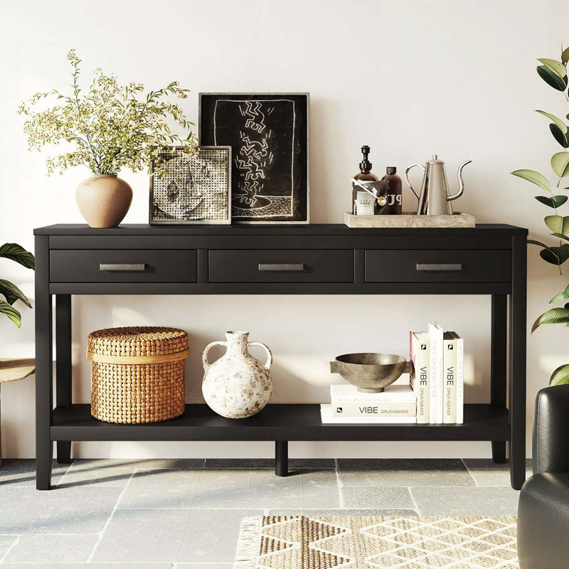 Farmhouse Entryway Table With 3 Drawers, Painted Console Table With Bottom Shelf & Iron Handles, Minimalist Sofa Table For Living Room, Hallway, Kitchen, Bedroom, Office