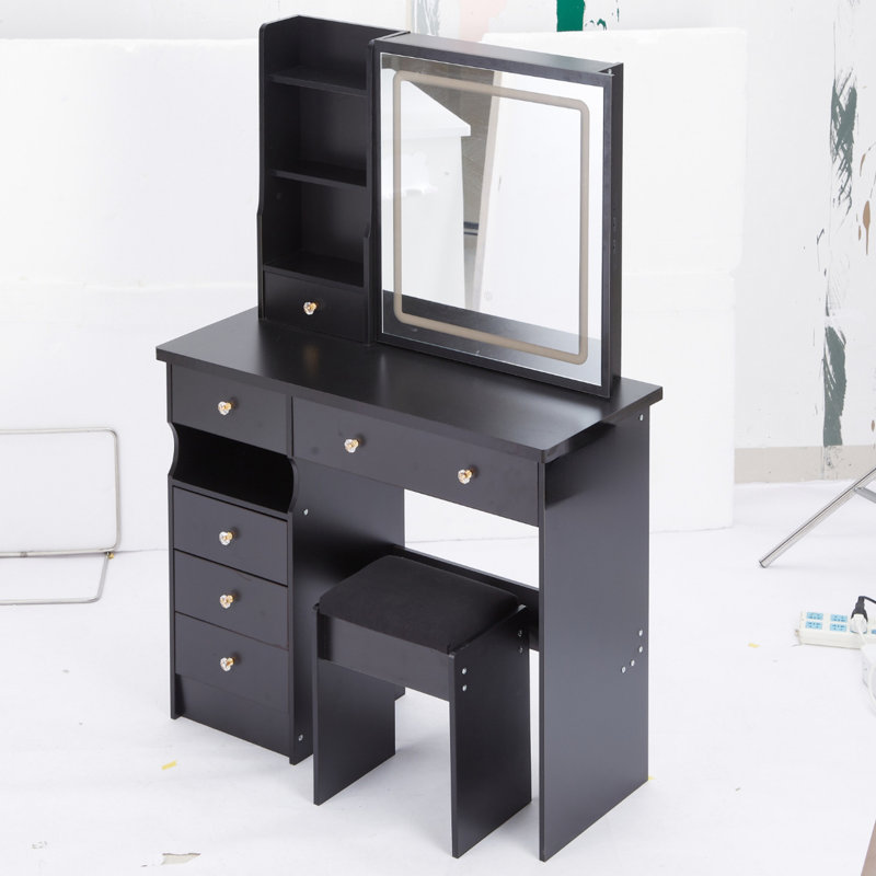 Table de meuble-lavabo avec tiroir à gauche 37 po avec tabouret rembourré, miroir à DEL tricolore coulissant et beaucoup de rangement pour les grands espaces de taille moyenne de 37 po et fonctionnant avec de grands espaces spacieux