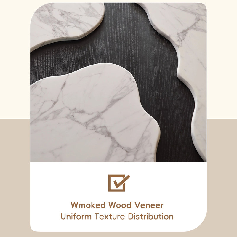 Exquisite Contemporary Stream Form Marble Coffee Table With Flowing Water Form Finish And Wood Veneer Base, Square Venato Carrara White