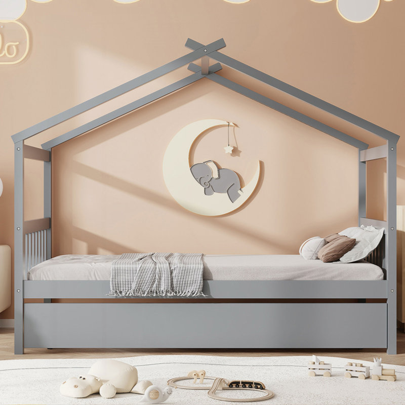 Lit en bois avec lit gigogne simple, Gris, Lit simple