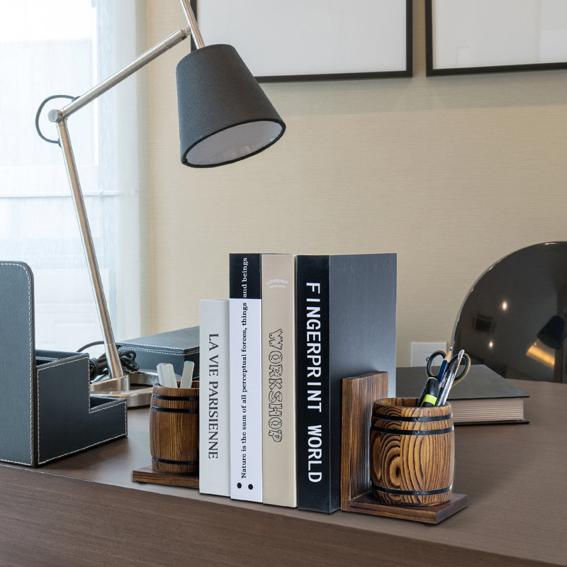 Wooden Barrels Decorative Bookends with Pen Holder