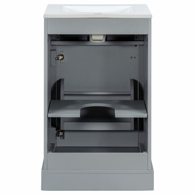 Meuble-lavabo de salle de bain avec lavabo en céramique, tablette réglable et porte à fermeture en douceur, Gris
