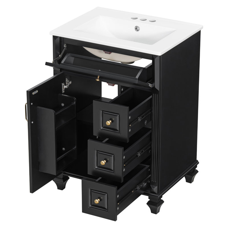 Meuble-lavabo autoportant de 61 cm (24 po) avec lavabo, tiroir rabattable, 3 tiroirs et armoire de rangement, noir