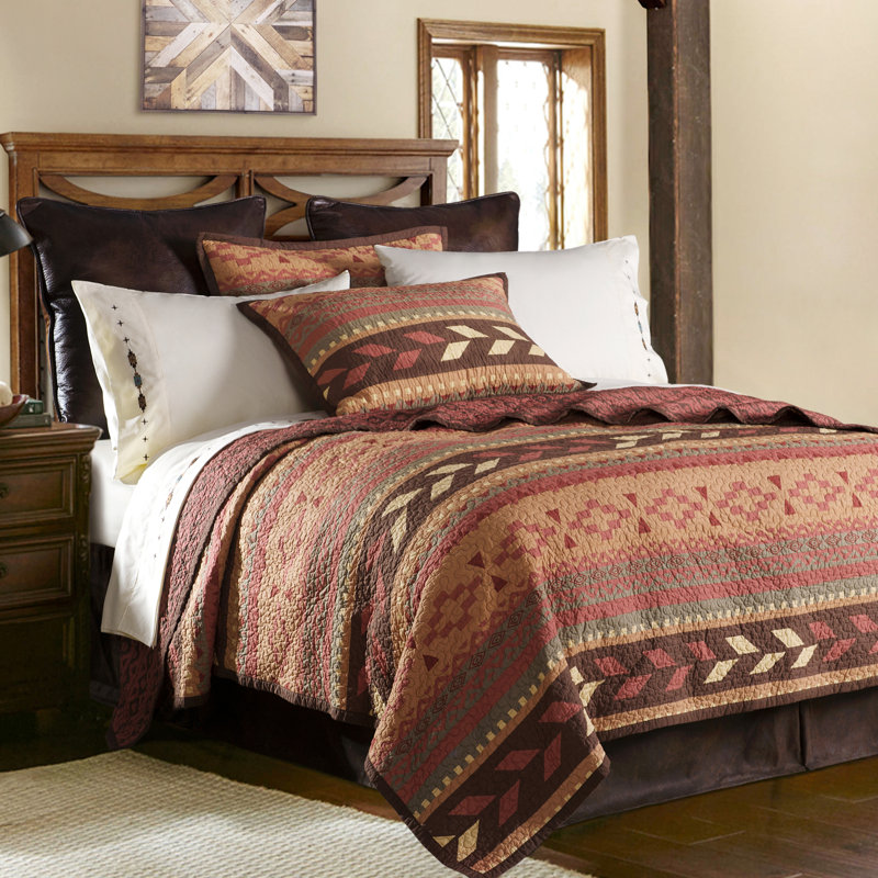 Broken Arrow Red/Tan/Brown Aztec Print Cotton Southwestern Style Reversible 3 Piece Quilt Set