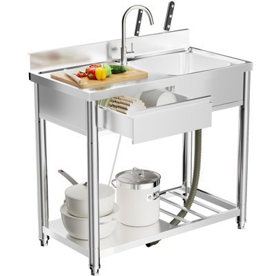 Évier utilitaire extérieur en acier inoxydable 304 avec dimensions de 39 pouces, établi, étagère de rangement, tiroir et robinet pivotant à 360 degrés pour une utilisation dans la station de travail, pour les cours de cuisine chaud / froid à gauche