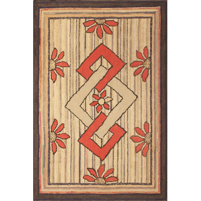 Antique American Interlocked Diamond Squares Folk Art Hooked Rug