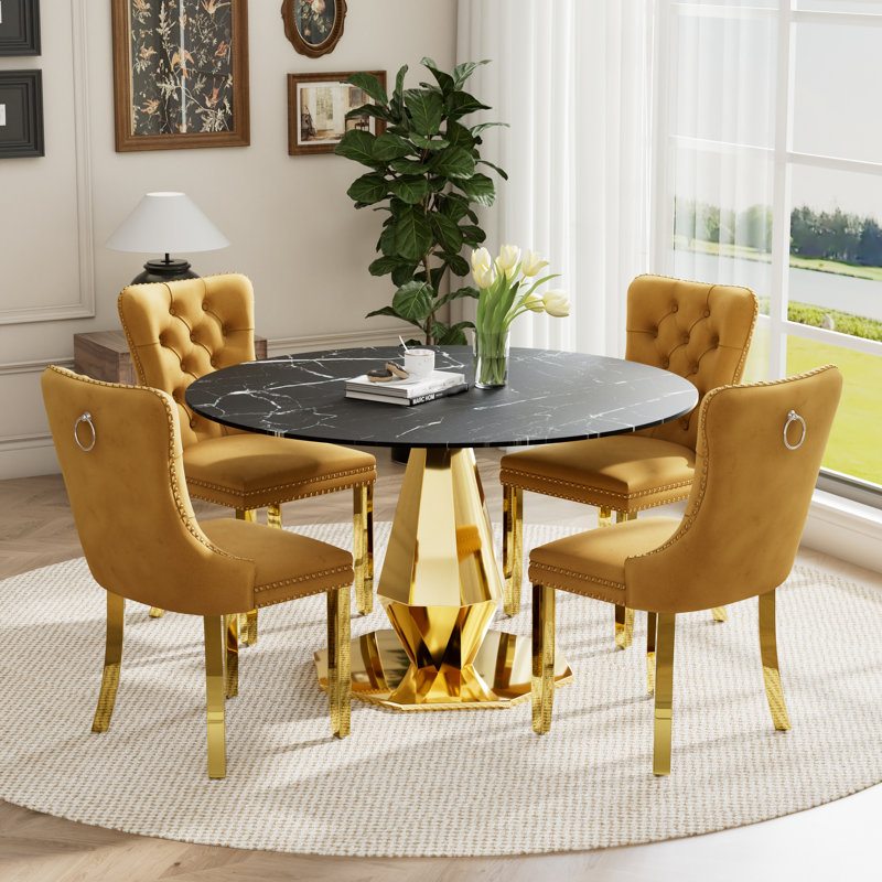 Luxtury Round Marble Texture Tempered Glass Pedestal Dining Set with Tufted Dininig Chair, White, Yellow, Gold