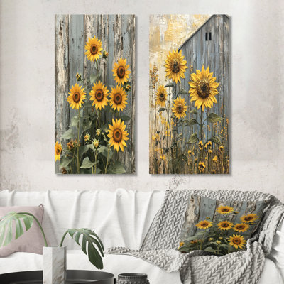 Tournesols rétro par The Grain Barn I - Art mural floral, collection 2 panneaux