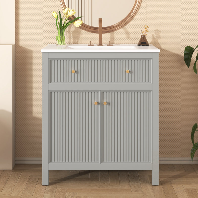 Meuble-lavabo de salle de bain avec lavabo, tiroirs supérieurs et portes doubles
