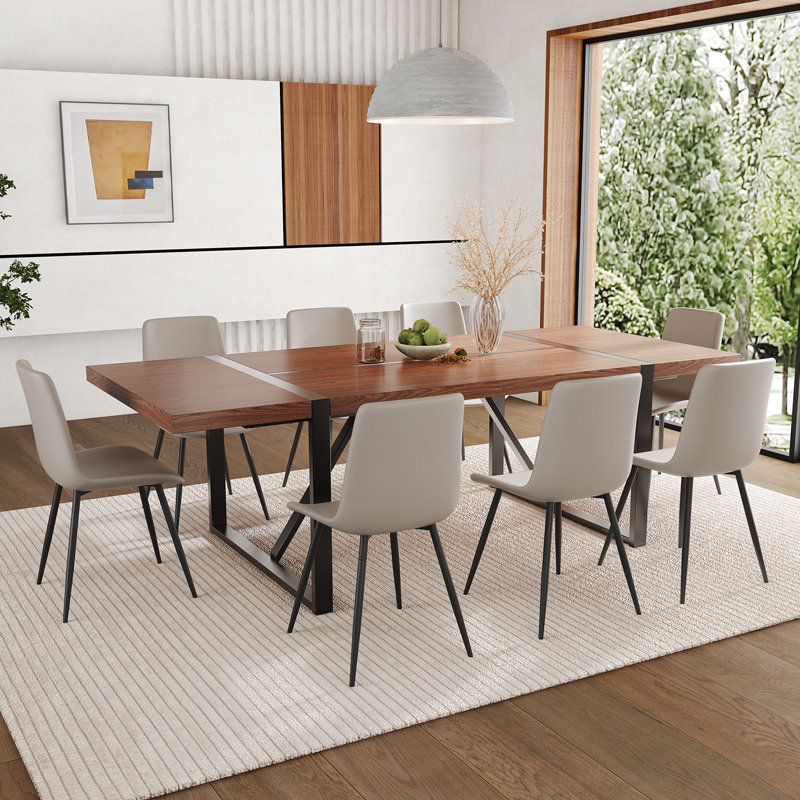 Ensemble de table de salle à manger en bois 87 po avec chaise rembourrée en cuir PU, 9 pièces : table, 8 chaises, Gris