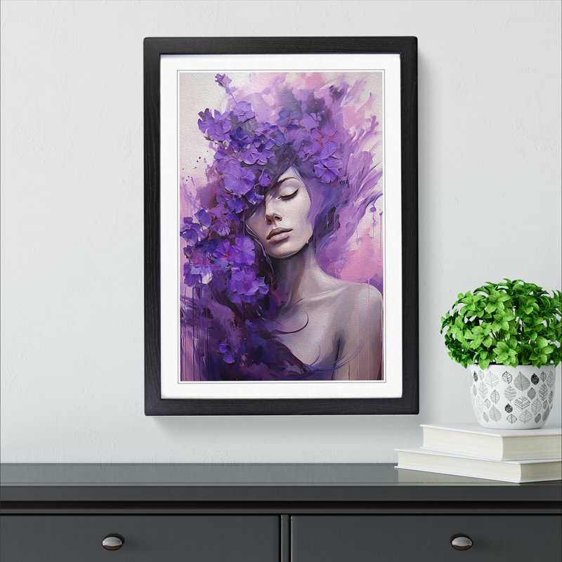 Lavender Flower Expressionism - Single Picture Frame Print on Wood, 64cm H x 46cm W x 2cm D, Black Framed