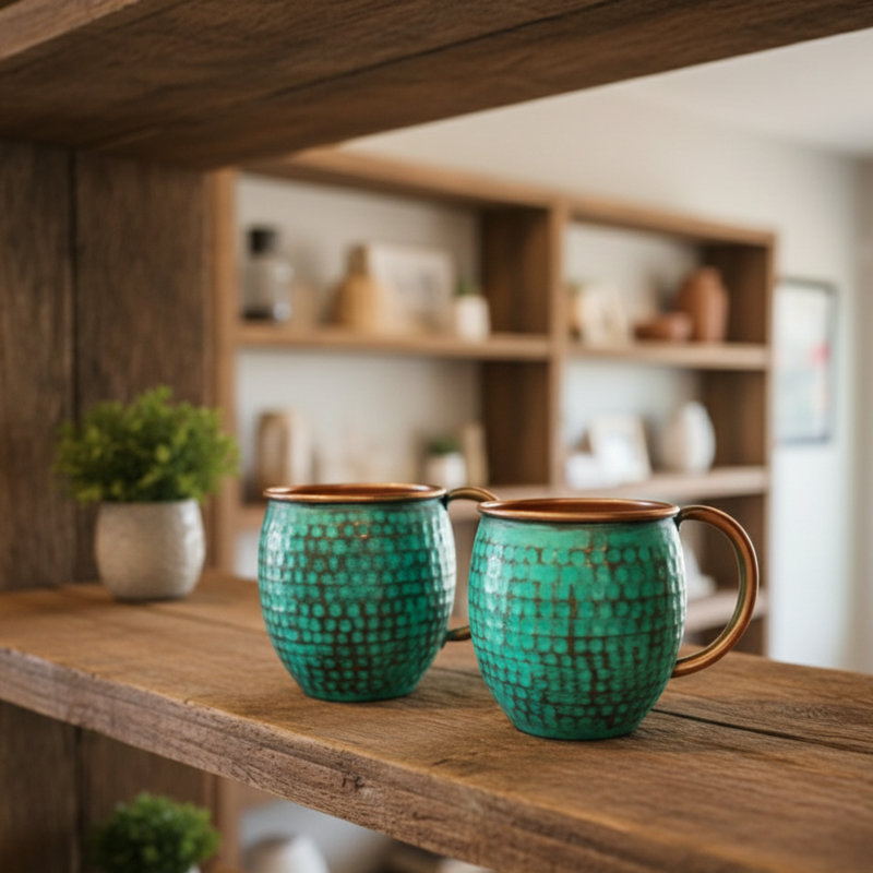 Ambiente Handmade Santa Clara Copper Mugs Set of 2 – Hammered Barrel Moscow Mule Mugs with Mint Patina Finish, Pure Copper Mugs, Copper Drinkware, Hammered Copper Cups, Handcrafted Copper Mugs