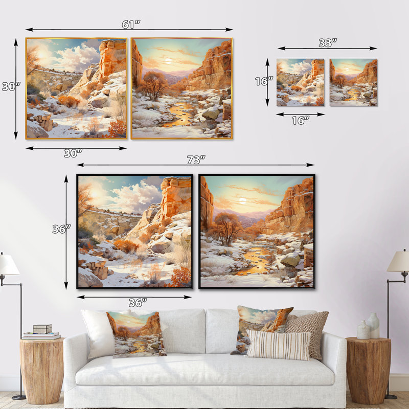 Canyon Winter Scenery - ensemble de 2 collages carrés Canyon, Cadre flottant noir, H 16 po x l 33 po