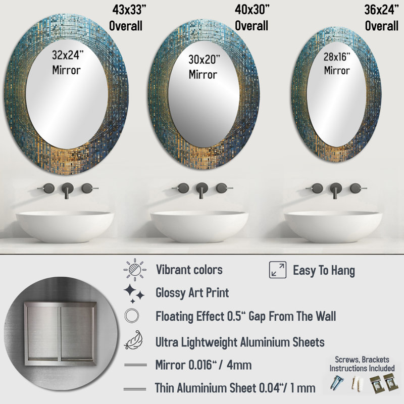 Miroir décoratif rétro sur fond métallique, 40 po x 30 po