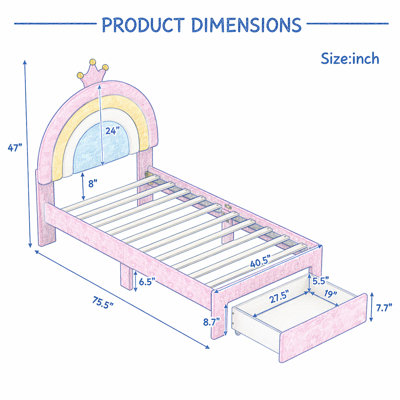 Upholstered Rainbow Design Bed, Velvet Princess Platform Bed