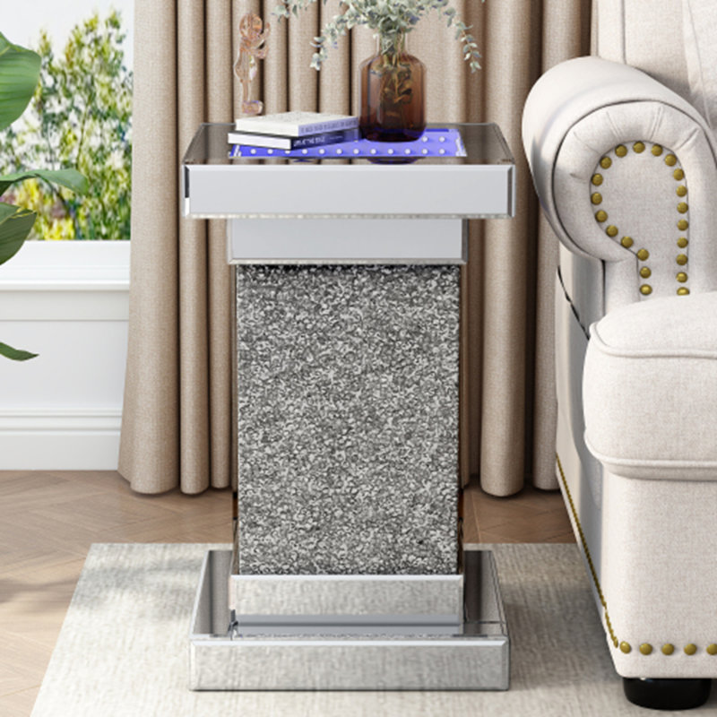 11.8'' Silver Mirrored End Table With LED Lights & Crushed Diamond, No Assembly