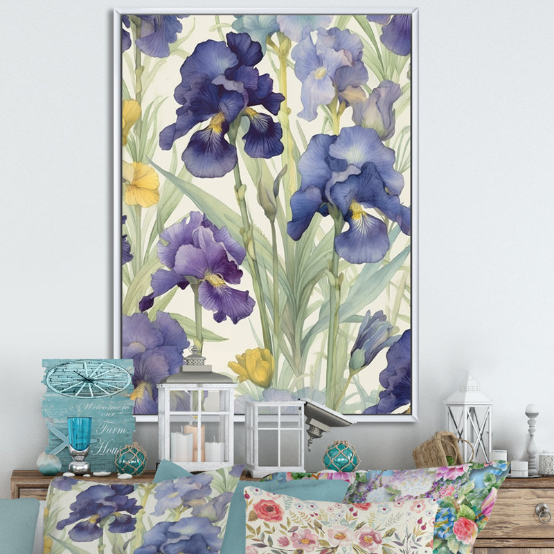 Impression mauve et verte d'Iris I sur toile, H 32 po x l 16 po x P 1,5 po, Cadre flottant blanc
