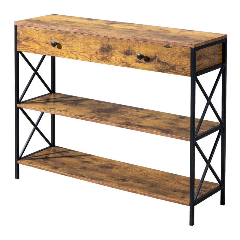 39.37in Side Frame Double X Cross with Single Large Drawer Particle Board Iron Frame Vintage Brown Panel Black Frame Entryway Table