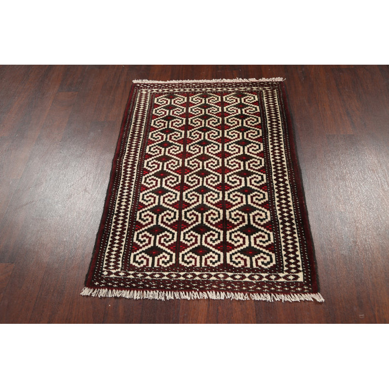 Tapis ivoire / rouge foncé en laine noué à la main de conception unique 2 pi 8 po x 3 pi 8 po Bex