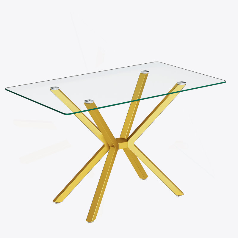 Table de salle à manger de 47,24 po rectangulaire en verre trempé transparent, conception élégante avec pieds en métal doré, table de cuisine pour la salle à manger