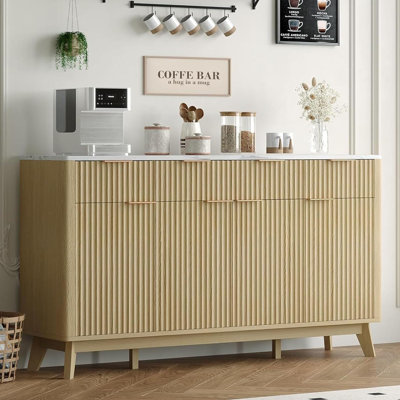Grande armoire-buffet de style campagnard de 60 po avec tiroirs de rangement et tablettes réglables, armoire de rangement à cannelures en bois et console de bar pour le salon et la cuisine