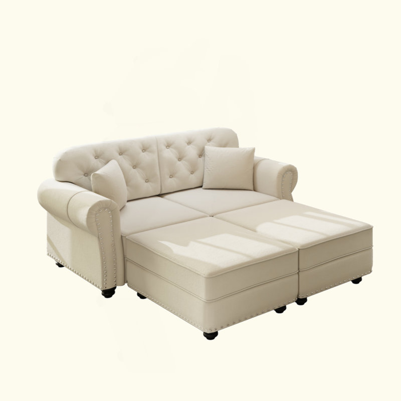 Canapé Chesterfield rembourré en velours avec garniture cloutée et accoudoirs roulés, canapé de style Mid-Century moderne capitonné, comprenant 2 coussins (2 repose-pieds)