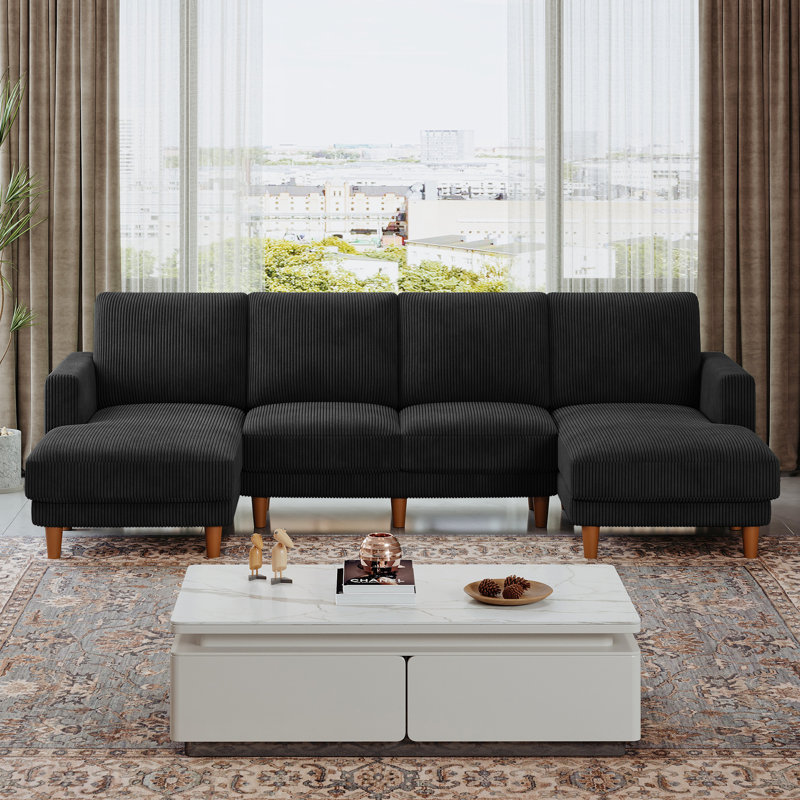4 Seater Corduroy Sofa & Chaise, Black