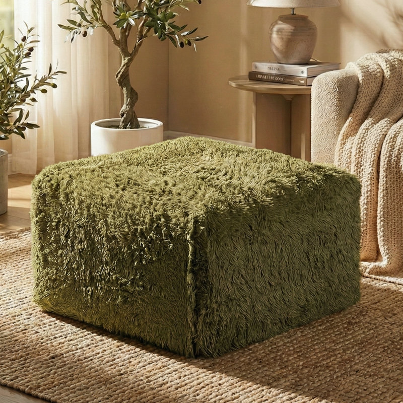 Cathryn Modern Faux Fur Foam Modular Compressed Ottoman, Green