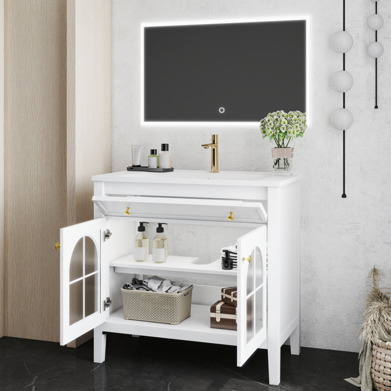 36"Mid-Century Bathroom Vanity with Motion-Sensor Light & Patterned Glass,Farmhouse Sink Cabinet with Storage, High-End Restroom Vanity