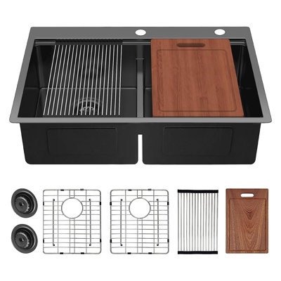 Évier de cuisine à double cuve encastrable de 33 pouces, finition noir canon de fusil - Acier inoxydable 304 de calibre 16 avec angles R10