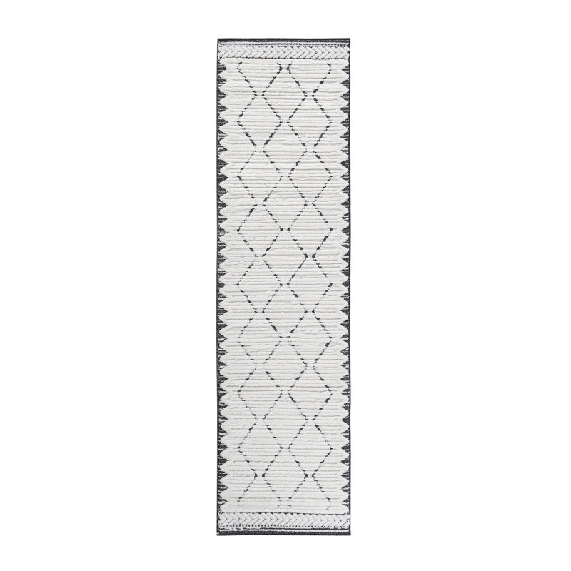 Modern Design Step Collection High-Low Trellis Cream/Anthracite Indoor Runner Rug, Runner 2'2" x 8'