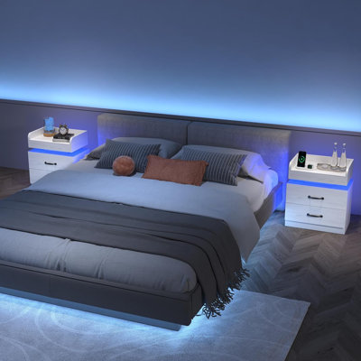 Diamond Tufted Upholstered Platform Bed Frame with Matching LED Nightstands Bedroom Set