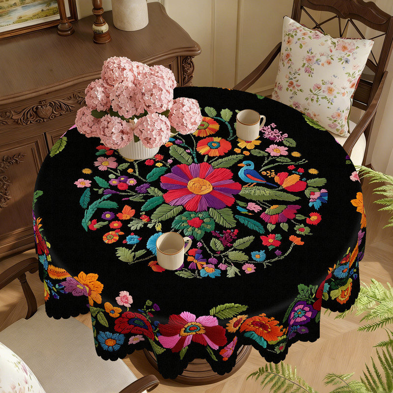 Black Washable Polyester Tablecloth with Floral Pattern